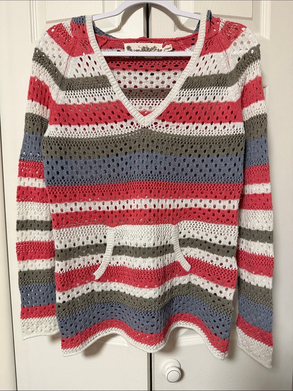 Aventura Open-Knit V-Neck Sweater - Coral, White, Olive & Denim